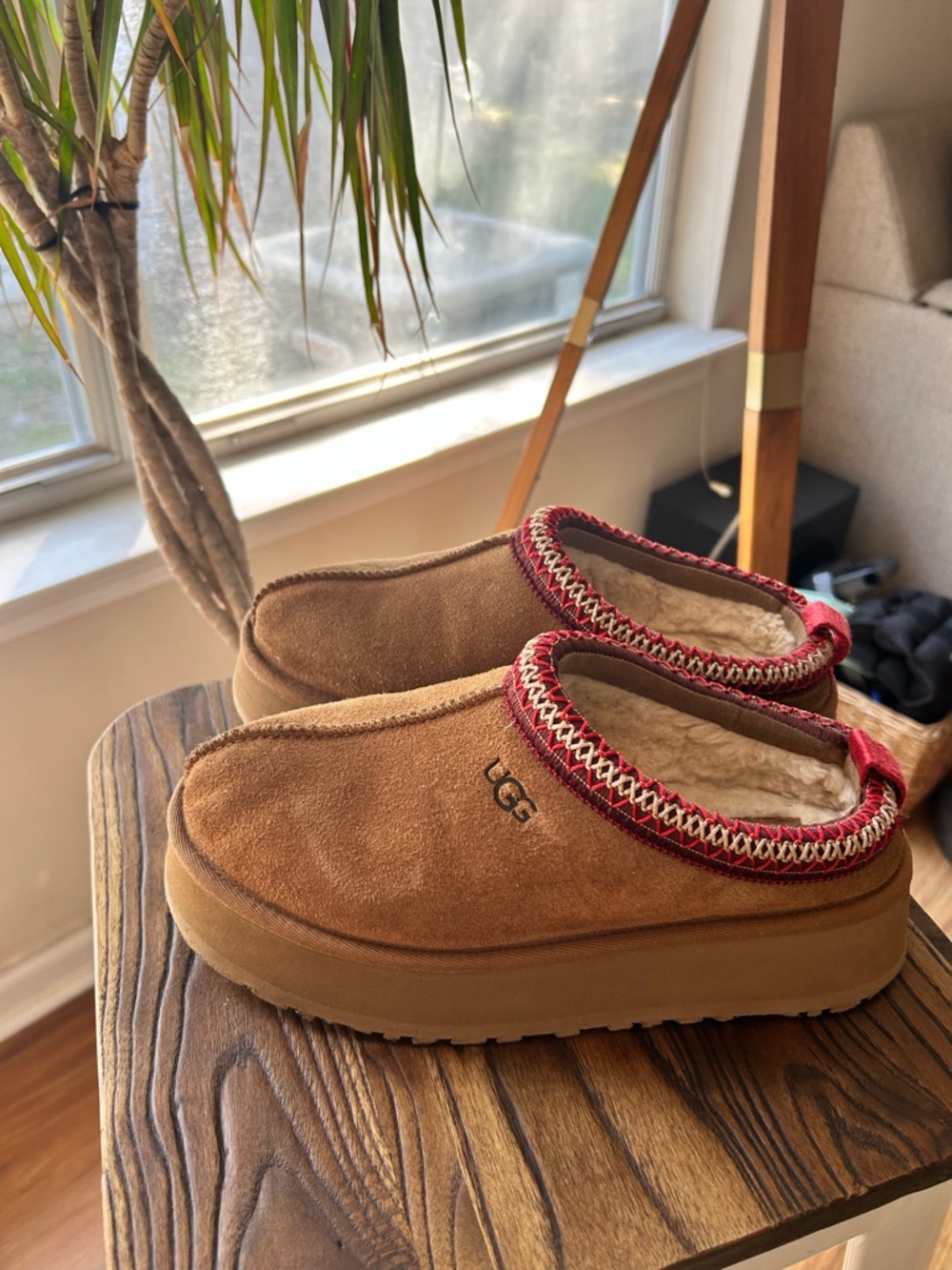 UGG Chestnut Suede Mules with Red Trim - Picture 5 of 6